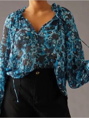 Anthropologie Blue Sheer Floral Blouse